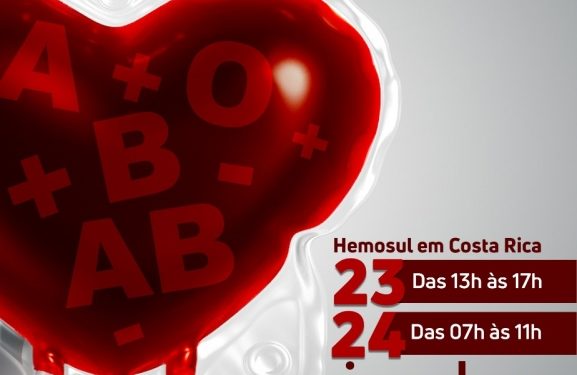 Hemosul faz campanha de coleta de sangue em Costa Rica nos dias 23 e 24 de junho
