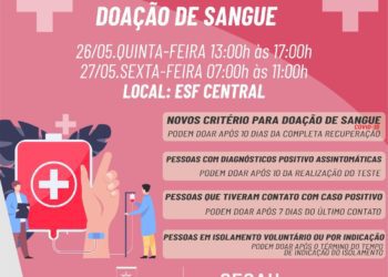 A Prefeitura em parceria com o Hemosul realiza na próxima quinta-feira (26) e sexta-feira (27) a campanha de doação de sangue em Camapuã.