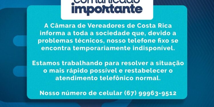 Telefone fixo da Câmara de Costa Rica está temporariamente indisponível