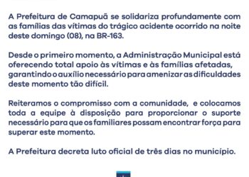 Camapuã decreta luto após tragédia na BR-163 e mobiliza apoio às famílias