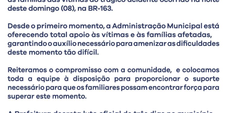 Camapuã decreta luto após tragédia na BR-163 e mobiliza apoio às famílias