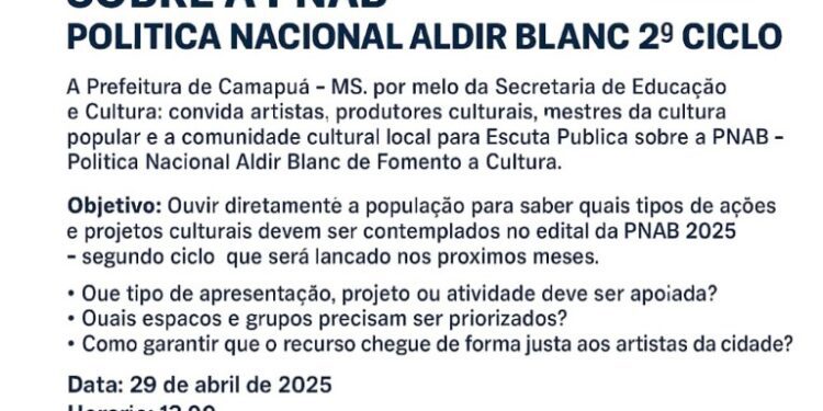 Camapuã realiza escuta pública para definir prioridades da cultura no edital da PNAB 2025