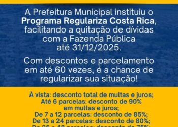Prefeitura de Costa Rica oferece condições facilitadas para regularização de dívidas municipais