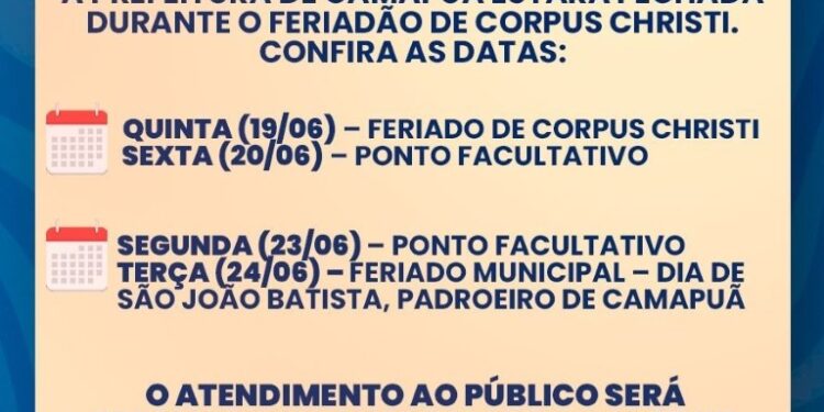 Camapuã define recesso municipal de 19 a 24 de junho