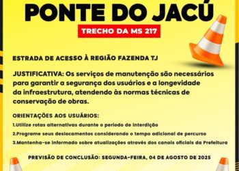 Interdição na MS 217 em Alcinópolis para serviços de reparo na ponte do Jacú