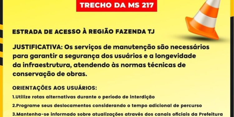 Interdição na MS 217 em Alcinópolis para serviços de reparo na ponte do Jacú