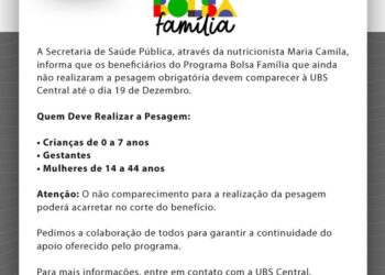 UBS Central de Alcinópolis mantém até 19 de dezembro pesagem obrigatória do Bolsa Família