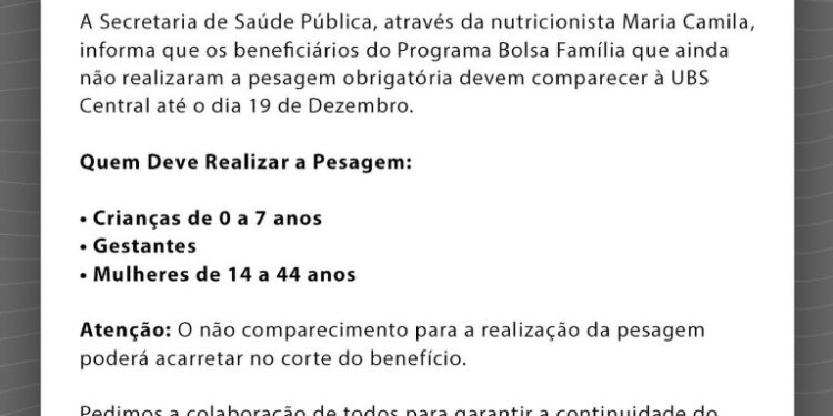 UBS Central de Alcinópolis mantém até 19 de dezembro pesagem obrigatória do Bolsa Família
