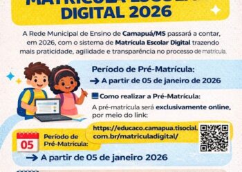 Pré-matrícula online abre calendário da educação municipal de Camapuã para 2026