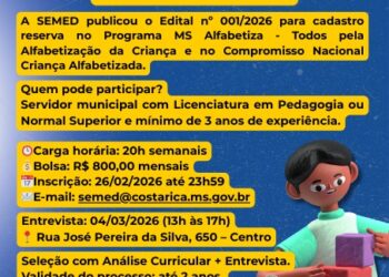 Inscrições para formador municipal do MS Alfabetiza ocorrem hoje em Costa Rica