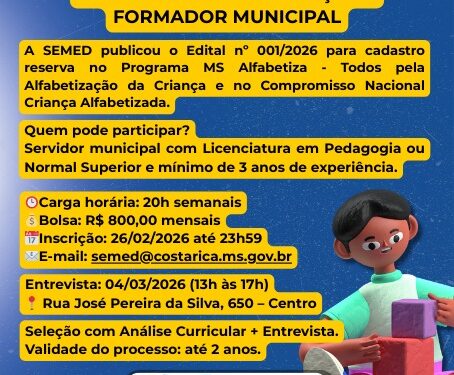 Inscrições para formador municipal do MS Alfabetiza ocorrem hoje em Costa Rica