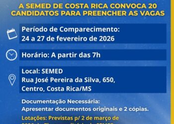 Semed de Costa Rica inicia convocação para 20 vagas na educação infantil