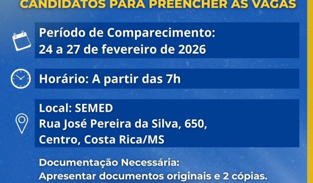 Semed de Costa Rica inicia convocação para 20 vagas na educação infantil