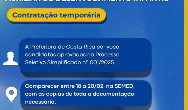 Convocação de aprovados em processo seletivo abre etapa de contratação temporária para educadores em Costa Rica