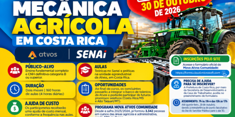 Curso gratuito de mecânica agrícola em Costa Rica encerra inscrições nesta sexta